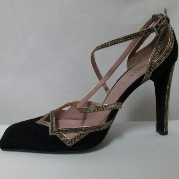 PRADA black Suede w/ Snakeskin square toe heels pumps ITALY buckle Size Sz 38 - Picture 5 of 12